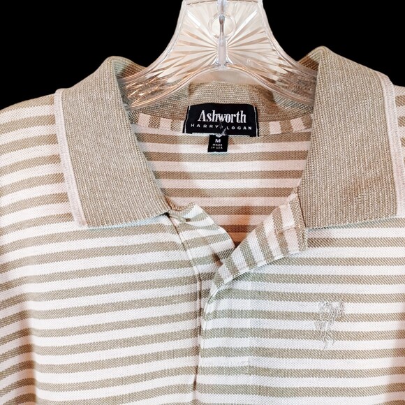Men's Ashworth Collared Polo Cream/Green Striped Short Sleeve Size Medium - Picture 4 of 5